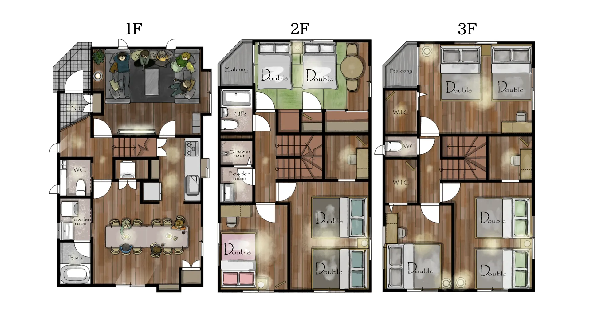 Floor plan of Hotel MADO Kitasando: ground floor with living room, dining table for ten, kitchen, bathroom and toilet; second floor with three bedrooms, unit bath, shower room and powder room; third floor with three bedrooms, walk-in closets and toilet